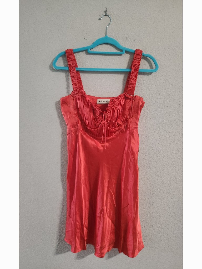 Nicholas Red Silk Satin Simie Gather Mini Dress Sweetheart Neckline Women’s Us 8